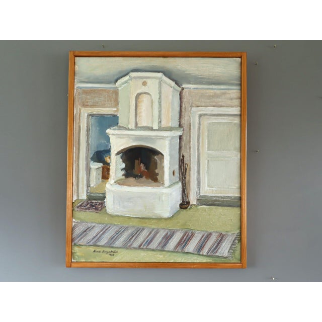 THE FIREPLACE Size: 20.9 x 17.1 inches (including frame) Oil on canvas A charming mid-century interior painting that...