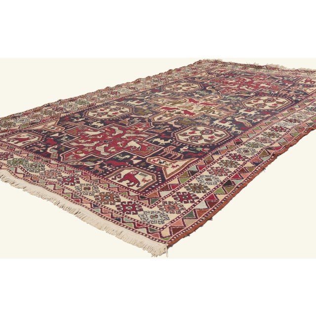 79774 Vintage Persian Soumak Rug, 04'00 x 06'07. The Sacred Menagerie: A Vintage Persian Soumak Masterpiece of Noah’s Ark...