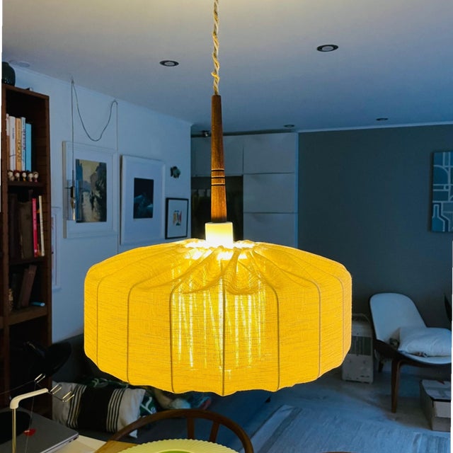 Japandi Style Hanging Lamp in Wrapped Fabric and Teak, 1960s For Sale - Image 6 of 16