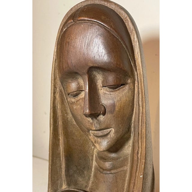 Wood Vintage Hand Carved Wood Religious Virgin Mary Jesus Bust Statue Sculpture Art For Sale - Image 7 of 9