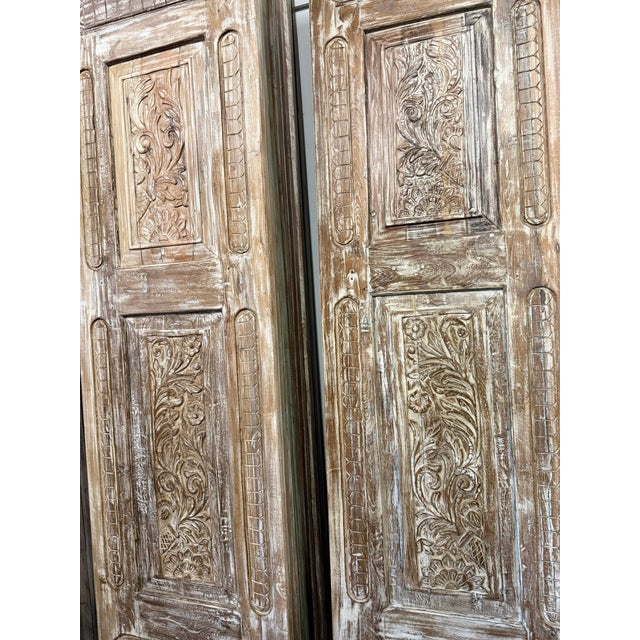 1920s Antique Hand-Carved Wooden Door Panel – Distressed Whitewash Floral Barn Door 96x27 For Sale - Image 5 of 6