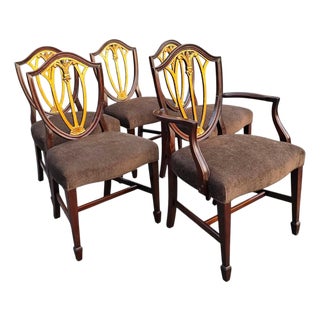 English Regency Revival Mahogany and Gilt Shield-Back Dining Chairs, Set of Five, Circa 1930 For Sale