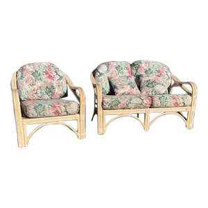 Late 20th Century Bench Craft Rattan Bamboo Rattan Loveseat and Lounge Chair Set- 2 Pieces