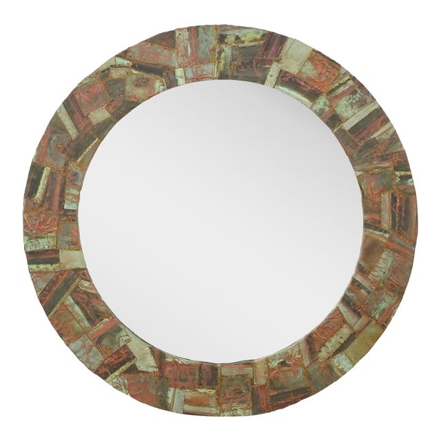 Handcrafted 32.75 in Round Copper Collage Art Wall Mirror For Sale