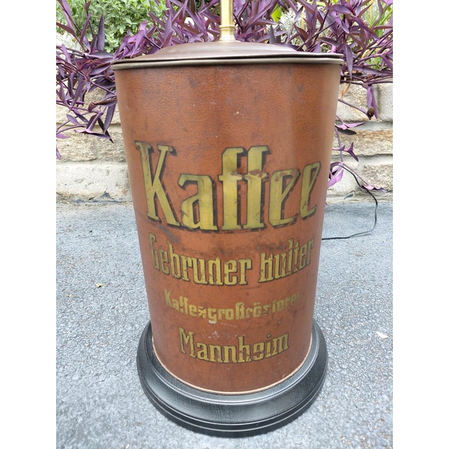 Rustic Vintage German Coffee Roaster Advertising Tin Table Lamp For Sale - Image 3 of 5