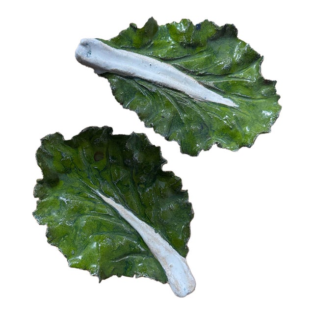 Ceramic Pair Cabbage Leaf Dishes by Studio Bongard For Sale