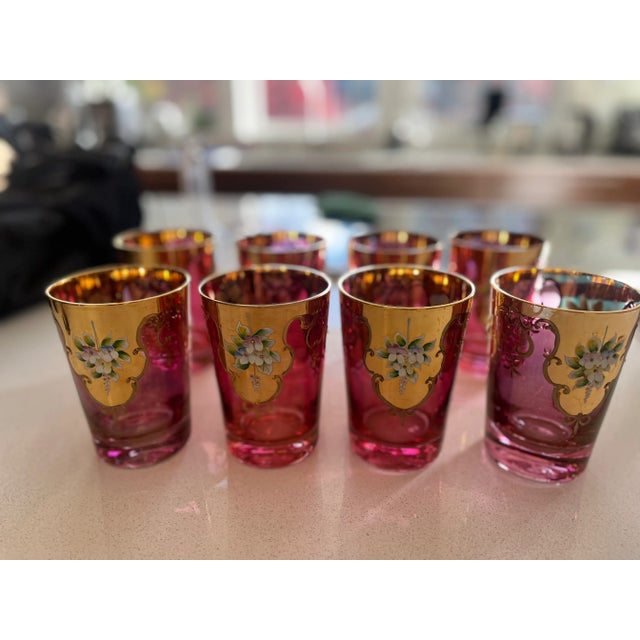 Glass Vintage Bohemian Cranberry & Gold Enamel Tumblers – Set of 8 For Sale - Image 7 of 12