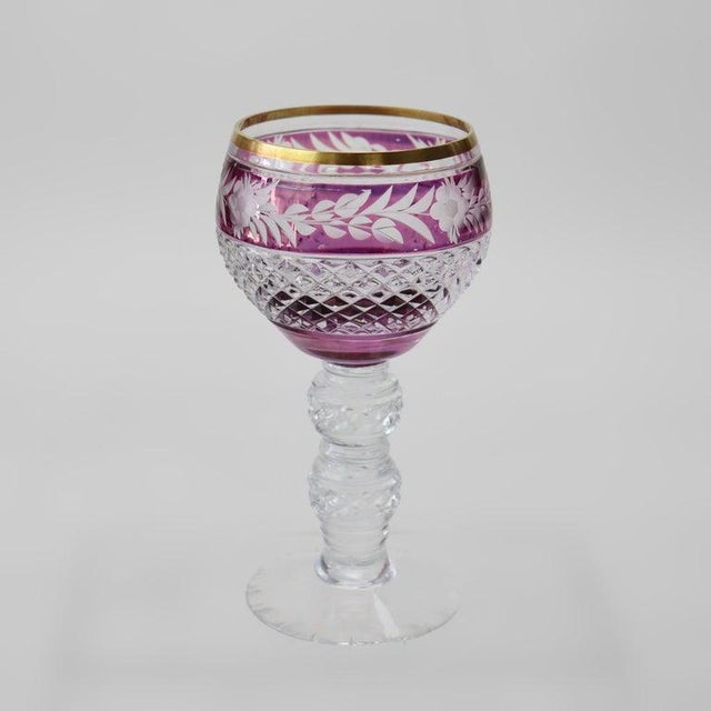 1910s Antique Bohemian Multicolored Floral Cut to Clear Crystal Stemmed Glasses - Set of 4 For Sale - Image 5 of 7