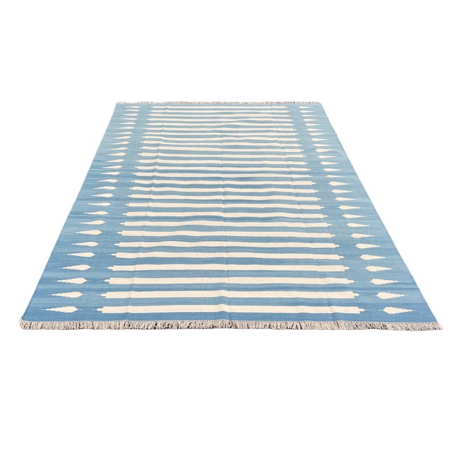 Handmade Cotton Flat Weave Area Rug, Sky Blue and White Striped Dhurrie - 10'x14' For Sale - Image 6 of 14