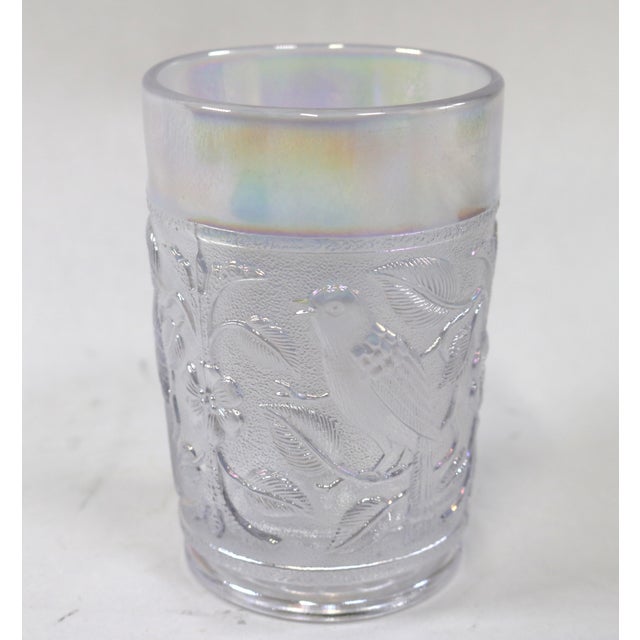 Vintage Imperial Carnival Glass Iridescent Frosty White Robins & Flowers Pitcher and 4 Glasses For Sale - Image 12 of 13