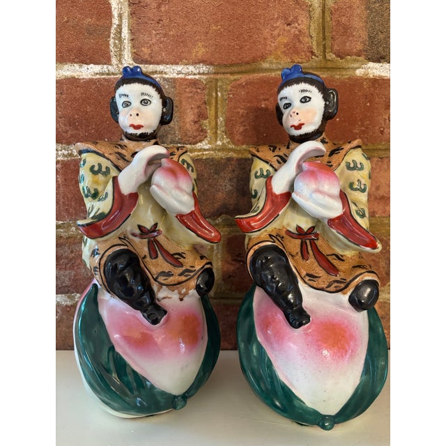 Ceramic Mid-20th Century Chinoiserie Porcelain Monkey & Longevity Peach Figurines - Pair For Sale - Image 7 of 13