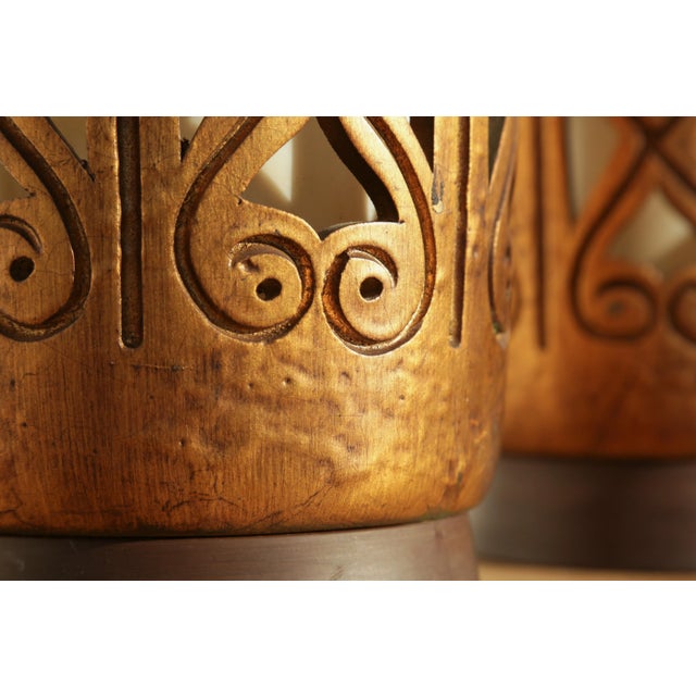 1960s Gorgeous Golden Mid-Century Brutalist Cut-Out Large Ceramic Table Lamps - A Pair For Sale - Image 9 of 17