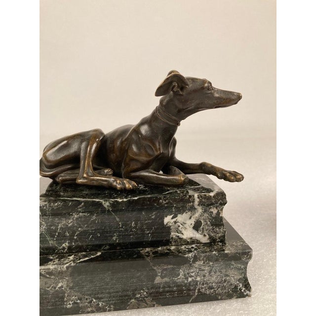 Metal Pair of Regency Bronze Figures of Reclining Whippets on Green Marble Bases For Sale - Image 7 of 12