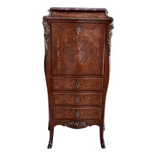 19th Century Bombe Marquetry Secrétaire à Abattant, Marble Top and Bronze Mounts For Sale
