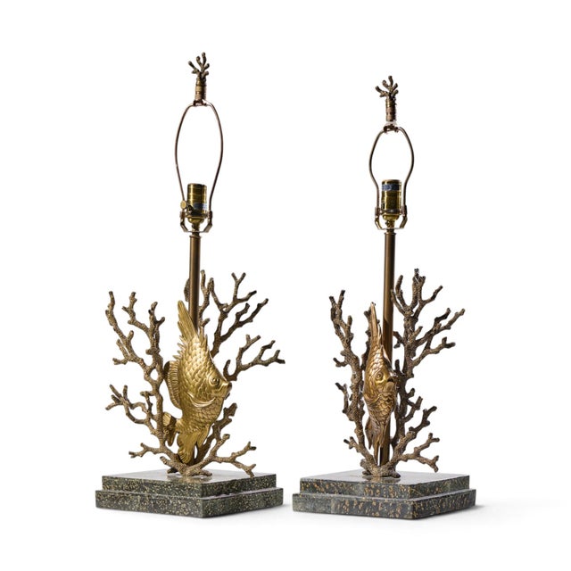 Theodore Alexander Brass Fish and Coral Table Lamps - Pair One lamp measures: 12 wide x 9.75 deep x 29 inches high One...
