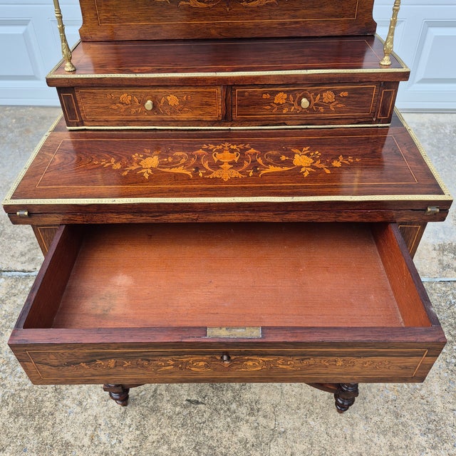 Brown 19th Century Antique French Regency Inlaid Rosewood Bronze Mounted Ladies Tiered Writing Desk (Bonheur Du Jour) For Sale - Image 8 of 16