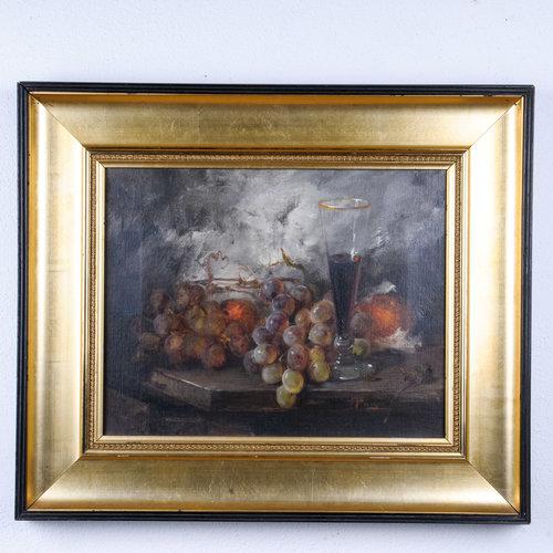 J Fulti (20th C. American) - "Fruit and Wine". The piece is an oil on canvas painting in a gilded frame. Gallery label on...
