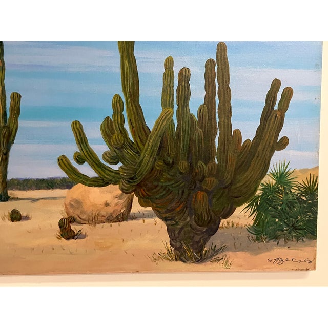 Large Desert Landscape Painting by Becrio, 1990 – Monumental Cactus Scene, 40” X 30” For Sale - Image 4 of 12