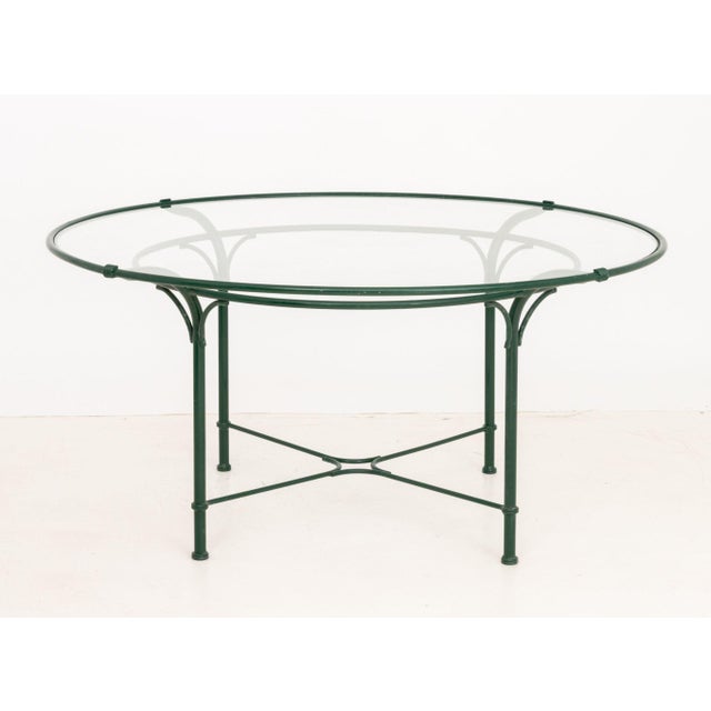 Richard Frinier for Brown Jordan "Venetian" Green Painted Cast Aluminum Glass Top Circular Table. 29.5" H x 61" Diameter....