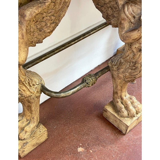 Neoclassical Cast Stone Iron & Brass Angel Caryatid Console Table For Sale - Image 9 of 12