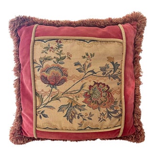 1980s French Aubusson Tapestry Pillow With Velvet Backing and Fringe Edging For Sale