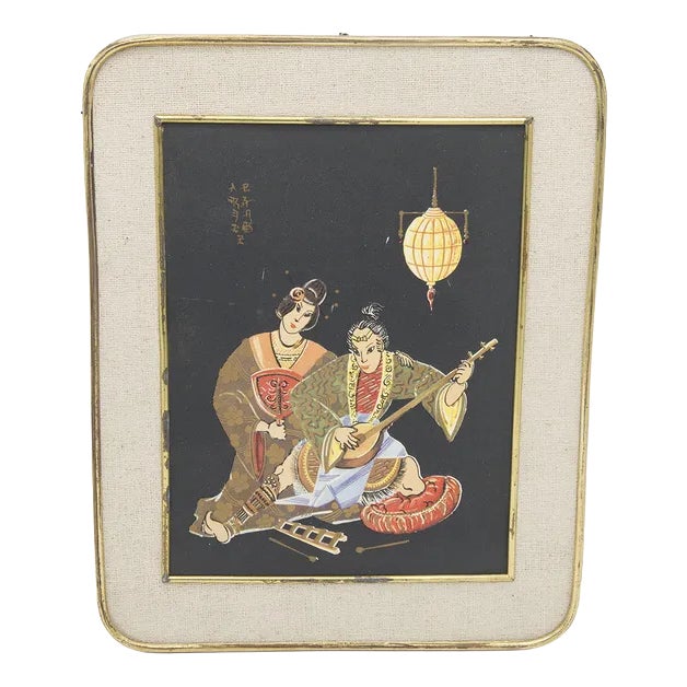 Framed Japanese Print Depicting Romantic Serenade, Early 1900s For Sale