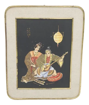 Framed Japanese Print Depicting Romantic Serenade, Early 1900s