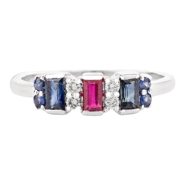 14k Solid White Gold Blue Sapphire and Ruby Statement Ring Size 7 For Sale