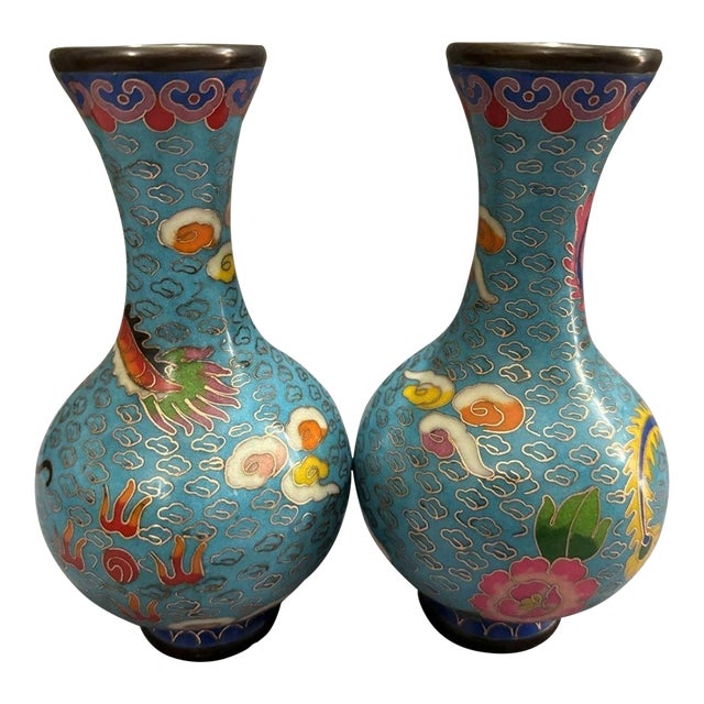 Pair of Vintage Turquoise Cloisonné Enamel Dragon & Phoenix Vases For Sale