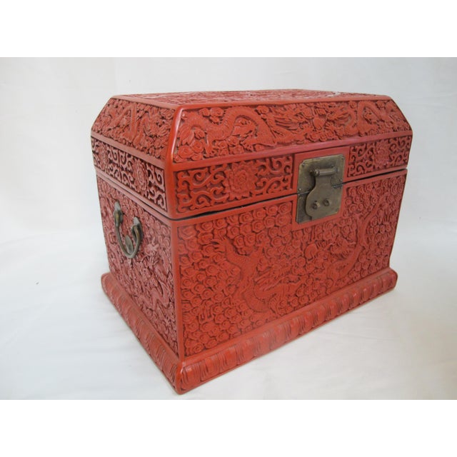 Chinese Large Chinese Cinnabar Lacquer Heavily Carved Dragon Motif Wood Box Chest For Sale - Image 3 of 16
