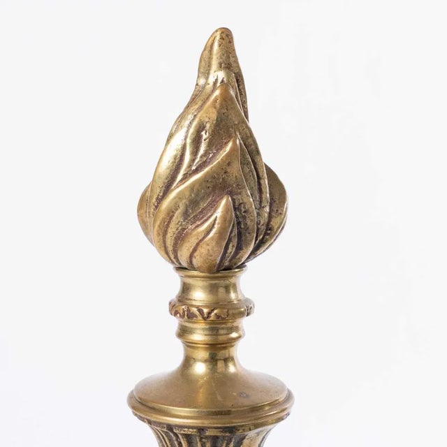 Metal Antique French Empire Style Brass Andirons With Flame Banded Top- Set of 2 For Sale - Image 7 of 9