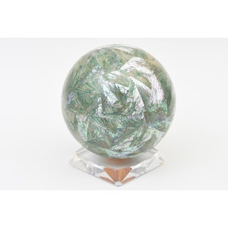 Vintage Mother of Pearl Over Wood Sphere Orb Sculpture on Lucite Base, 1970's For Sale