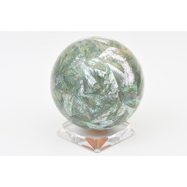 Vintage Mother of Pearl Over Wood Sphere Orb Sculpture on Lucite Base For Sale