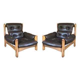 Vintage Brutalist Oak and Leather Chairs, 1975, Set of 2 For Sale