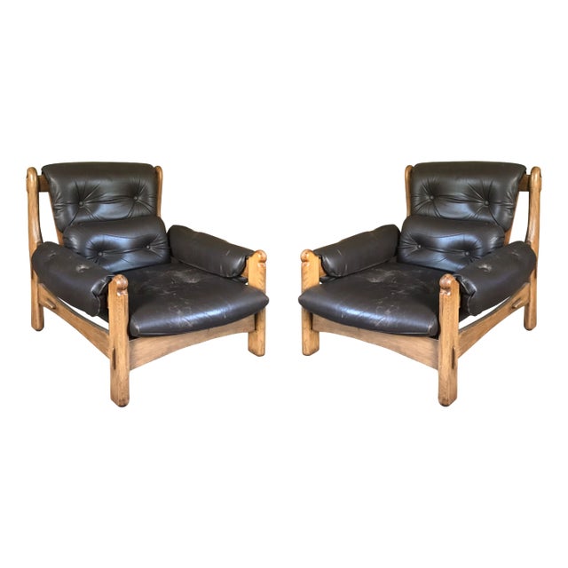 Vintage Brutalist Oak and Leather Chairs, 1975, Set of 2 For Sale