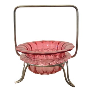 Antique Cranberry Art Glass Bowl With Silver Plated Basket For Sale