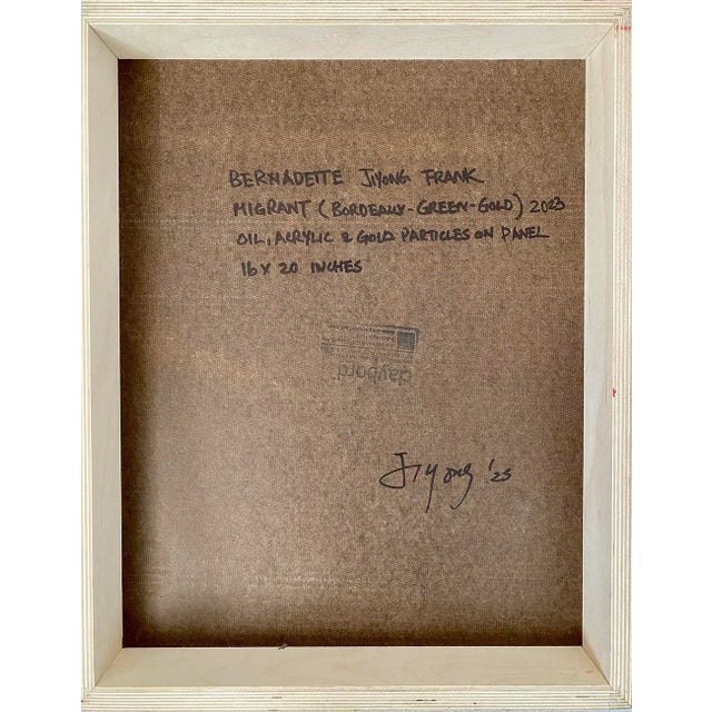 Contemporary Abstract Oil, Acrylic and Gold Particles on Wood Panel Painting "Migrant (Bordeaux-Green-Gold)" by Bernadette Jiyong Frank For Sale In San Francisco - Image 6 of 7