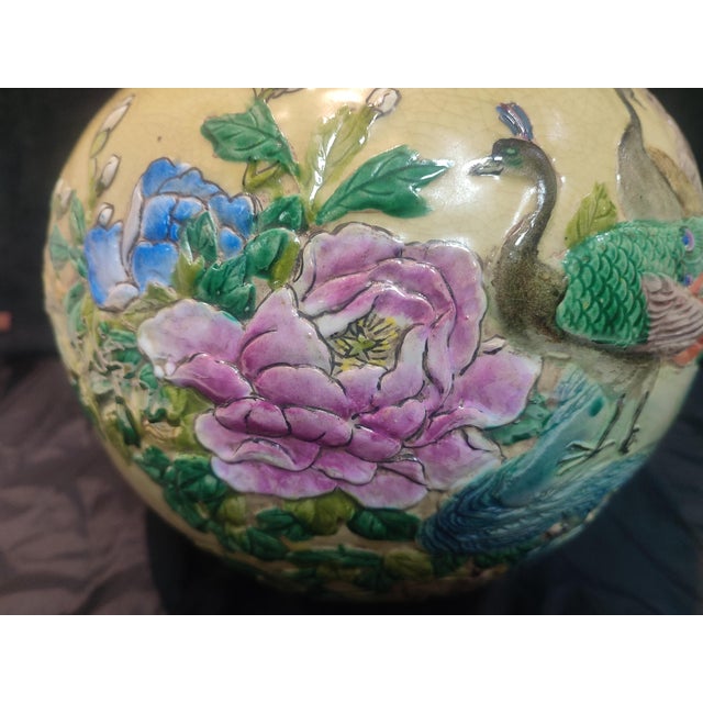 Art Deco Chinese Ceramic Vase Qing Dynasty Qianlong Marked Yellow Ground Famille Rose Porcelain Tianqiu Vase Hand Carved Peacocks Pattern For Sale - Image 3 of 10
