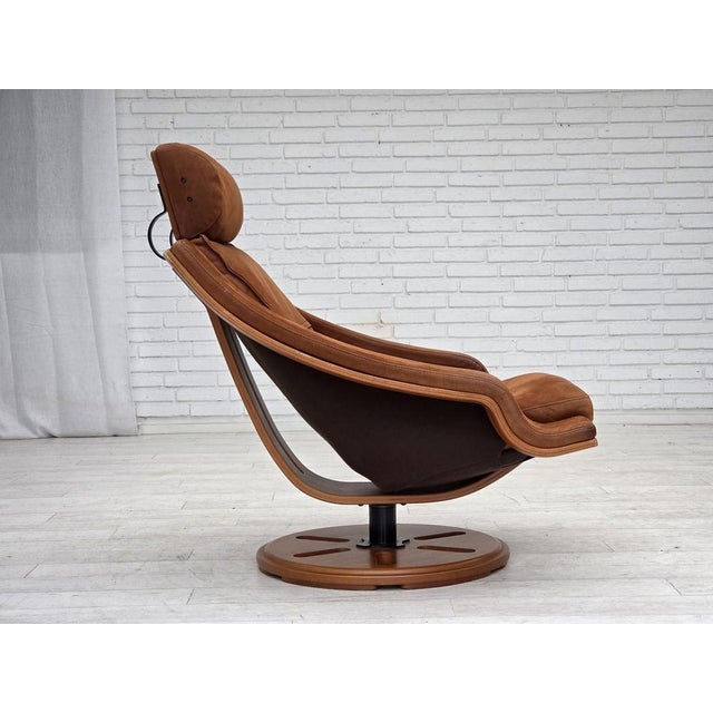 Brown Swedish Swivel Armchair in Nubuck Leather, Canvas and Beech Bentwood, 1980s For Sale - Image 8 of 18