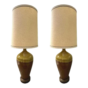 Pair of Vintage Mid-Century Modern Large Dripped Glazed Ceramic Table Lamps Shades Rewired 1960s