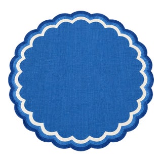 Handmade Cotton Round Scalloped Rug, Sky Blue, Cream and Royal Blue Border Dhurrie-12' Round For Sale