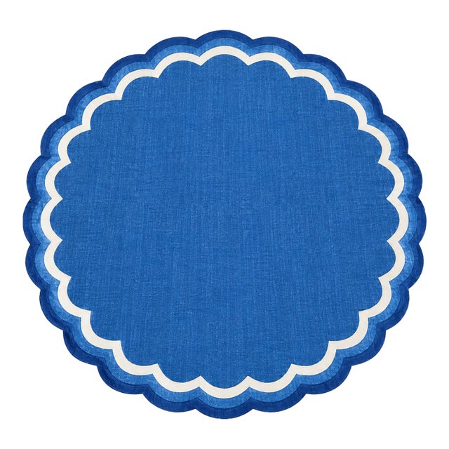 Handmade Cotton Round Scalloped Rug, Sky Blue, Cream and Royal Blue Border Dhurrie-12' Round For Sale