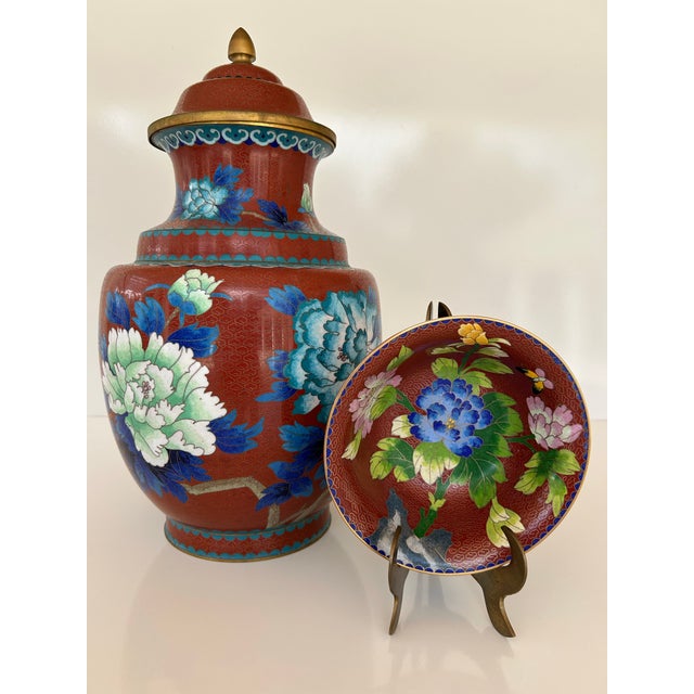 Metal Mid 20th Century Chinese Cloisonné Chalice Urn & Dish on Brass Stand - Set of 2 For Sale - Image 7 of 12