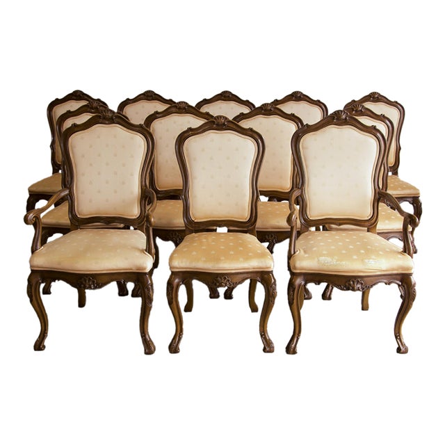 Set of 12 Karges Louis XV Carved Dining Chairs in Napoleonic Bee Silk, 1960's For Sale