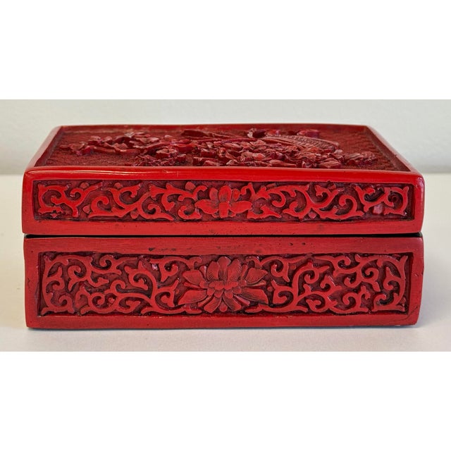 Red Vintage Chinese Hand-Carved Cinnabar Lacquer Box For Sale - Image 8 of 10
