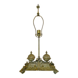 Antique Ornate 1800's Victorian Gilt Bronze Dual Inkwell Desk Lamp Stand Brass For Sale