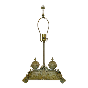 Antique Ornate 1800's Victorian Gilt Bronze Dual Inkwell Desk Lamp Stand Brass