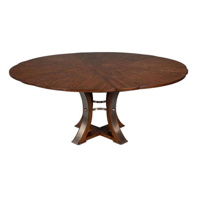 Transitional Round Dining Table, Medium - Warm Brown Oak With Hammered Iron Accents For Sale
