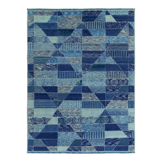 Scandinavian pile rug in Blue & Beige Geometric Pattern by Rug & Kilim - 12x16 For Sale