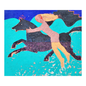 Large Linda Scott Painting on Canvas, "Dark Horse With Female Rider"